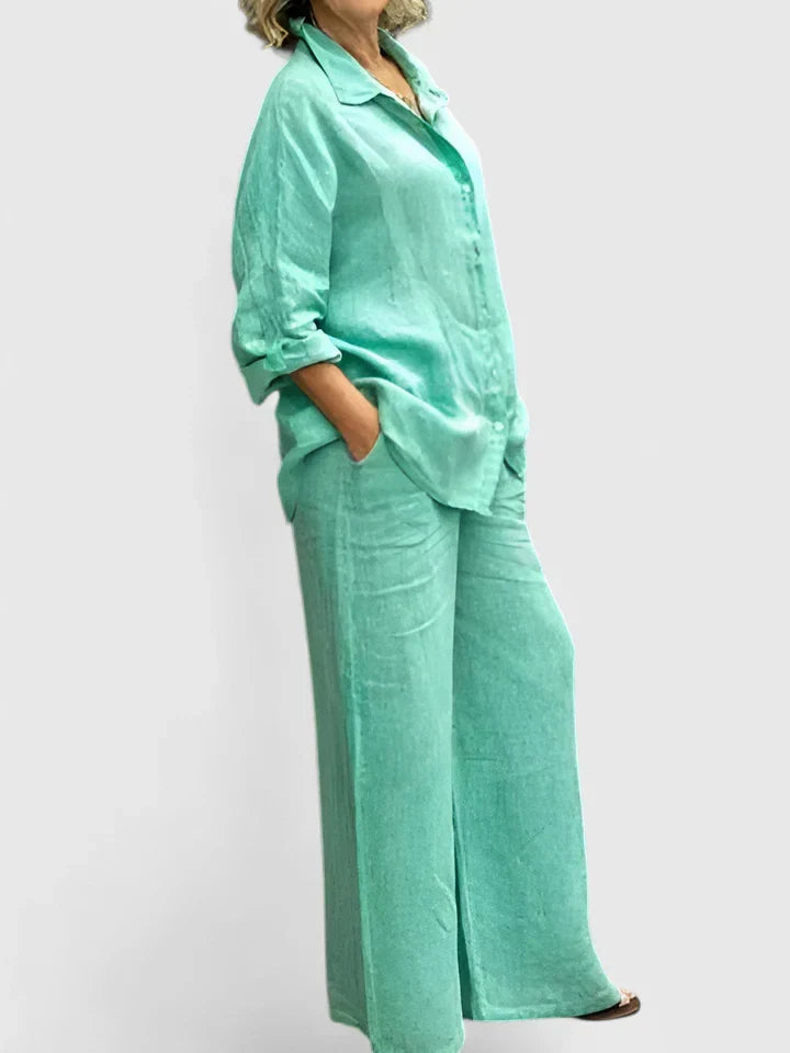 Button-Down Shirt and Wide-Leg Pants Set