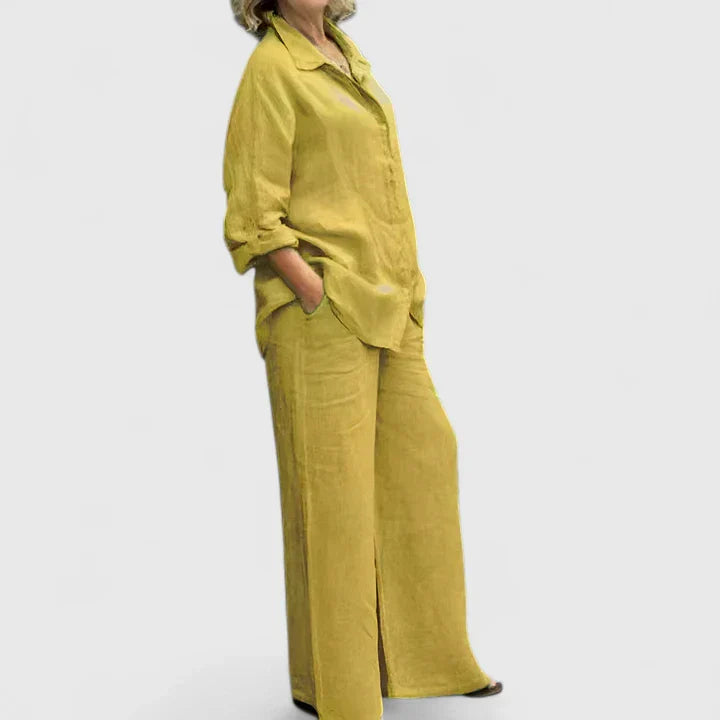 Button-Down Shirt and Wide-Leg Pants Set