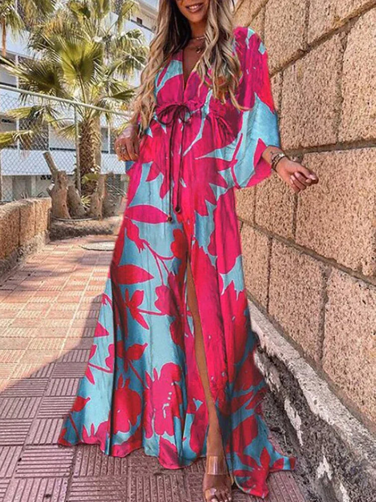 Vestido largo para mujer con estampado gráfico colorido, escote en V y mangas largas
