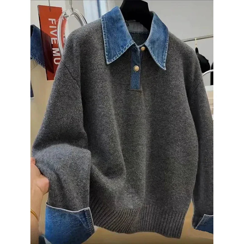 Maglione in maglia con patchwork di denim
