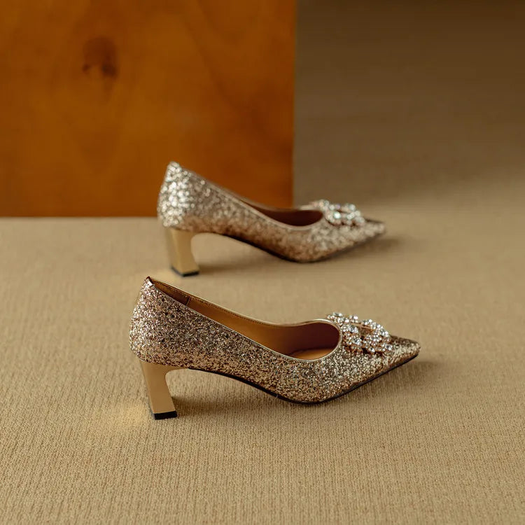 Glitter Crystal Buckle Heels