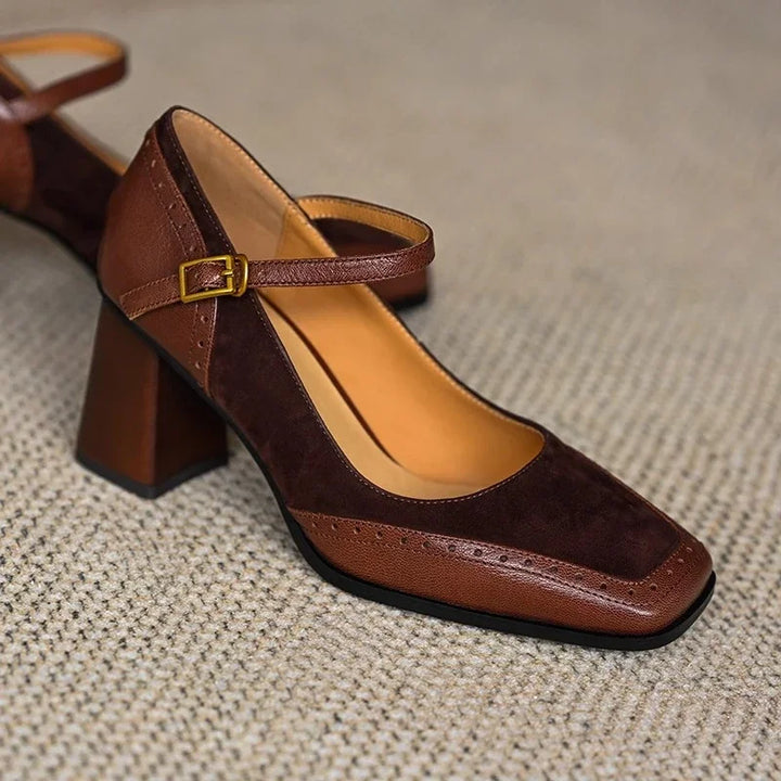 Square Toe Brogue Heel Pumps