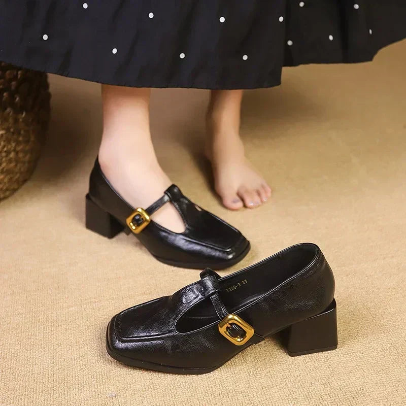 Square Toe Buckle Heel Sandals