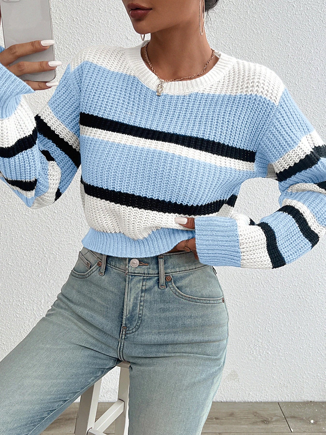 Women’s Drop Shoulder Color Match Knit Sweater