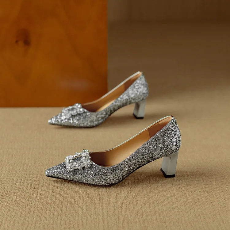 Glitter Crystal Buckle Heels