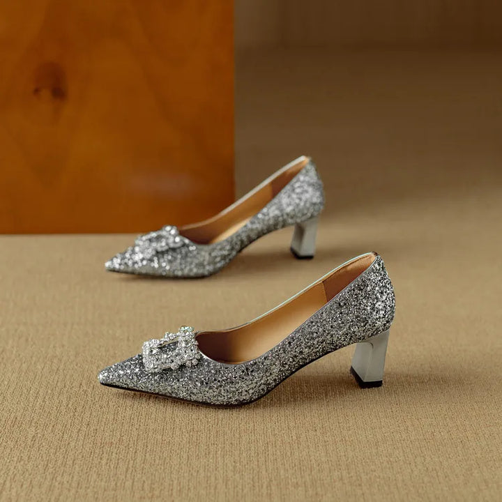Glitter Crystal Buckle Heels