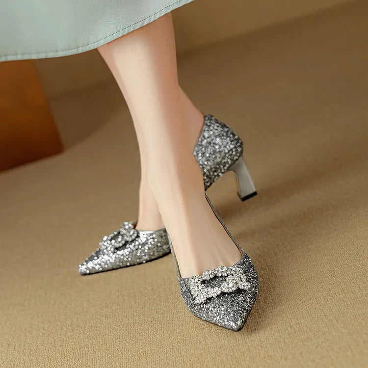 Glitter Crystal Buckle Heels
