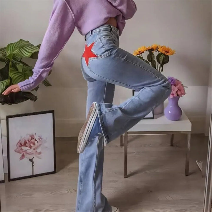Rugged Classic Red Star Leisure Flare Jeans for Women