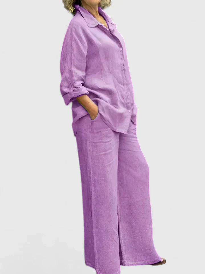 Button-Down Shirt and Wide-Leg Pants Set