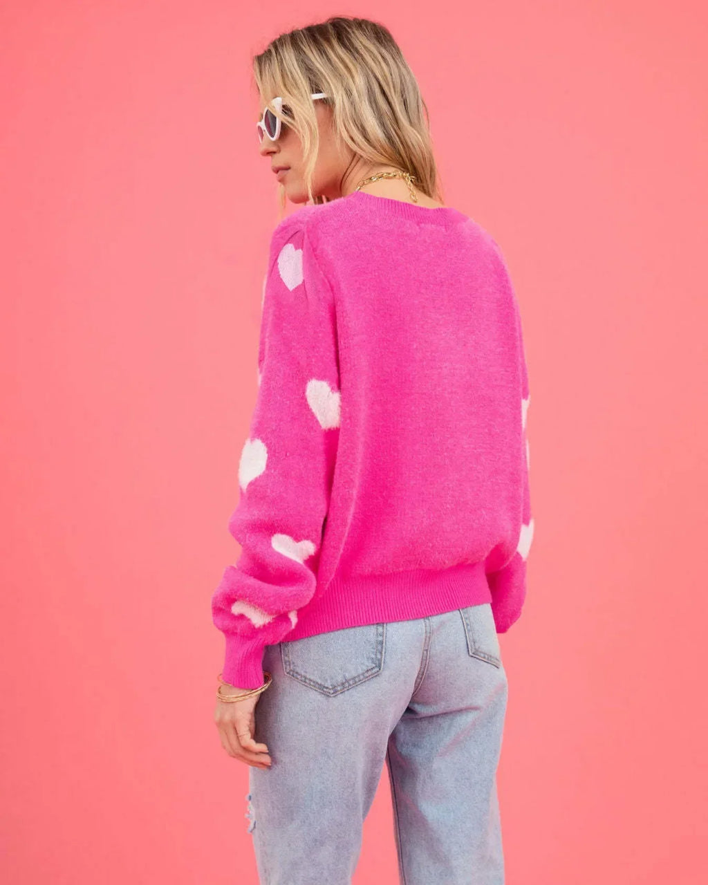 Maglione oversize con motivo a cuori rosa acceso