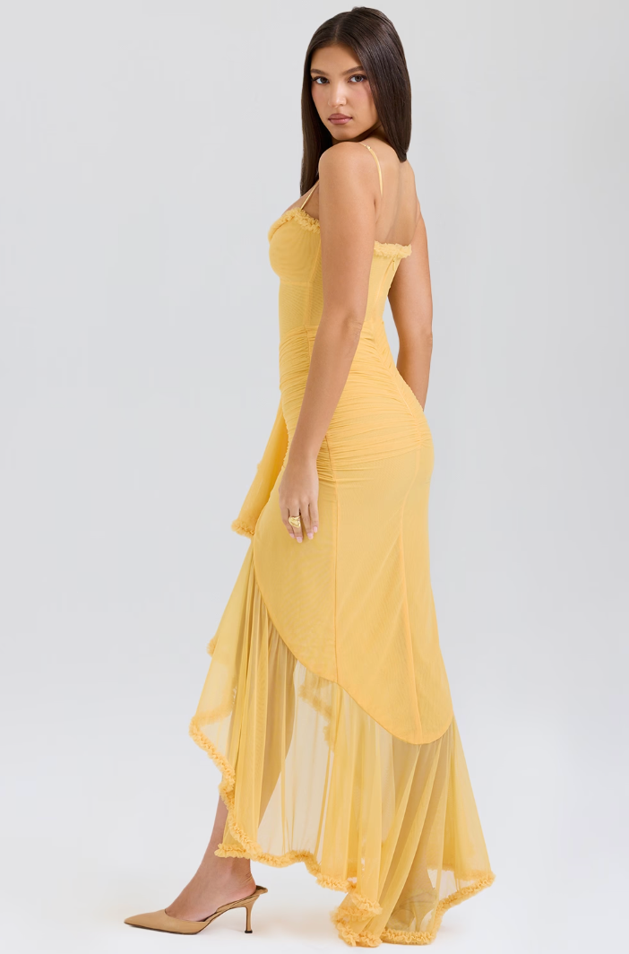 Lace Ruched Maxi Dress with Feminine Silhouette