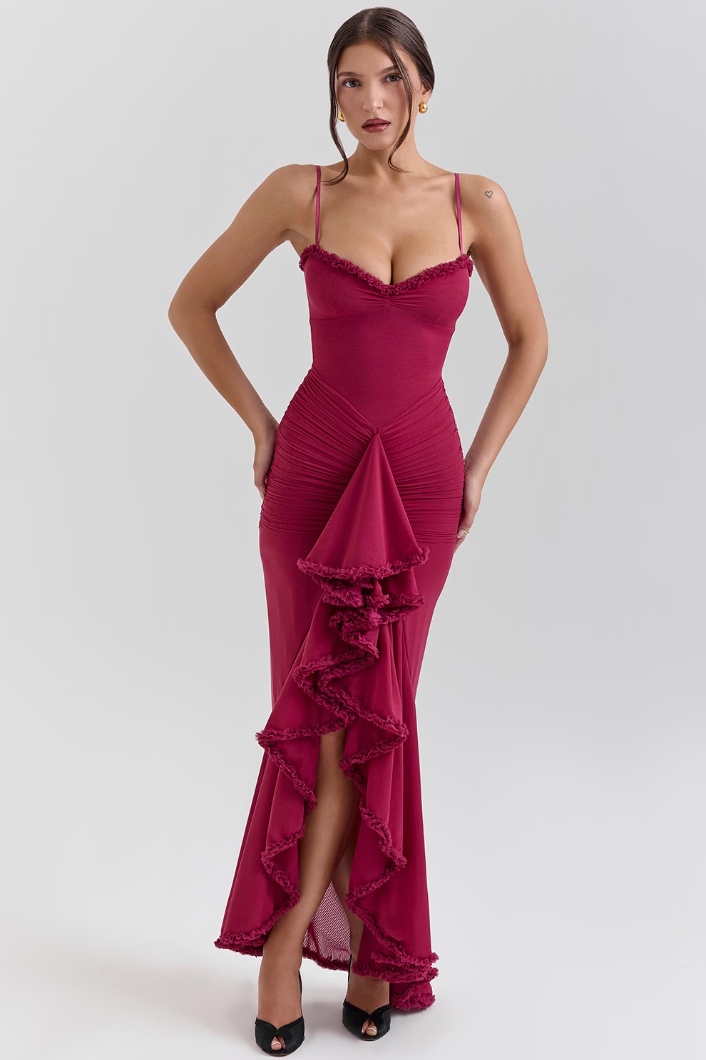 Lace Ruched Maxi Dress with Feminine Silhouette