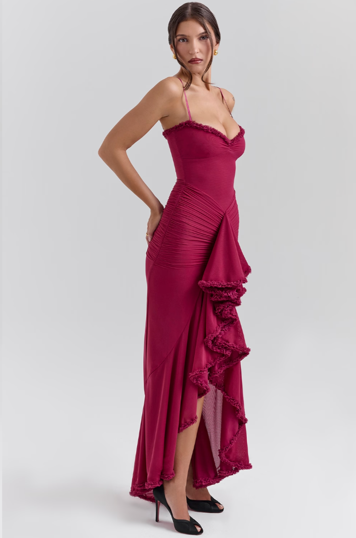 Lace Ruched Maxi Dress with Feminine Silhouette