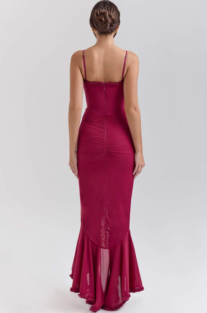 Lace Ruched Maxi Dress with Feminine Silhouette