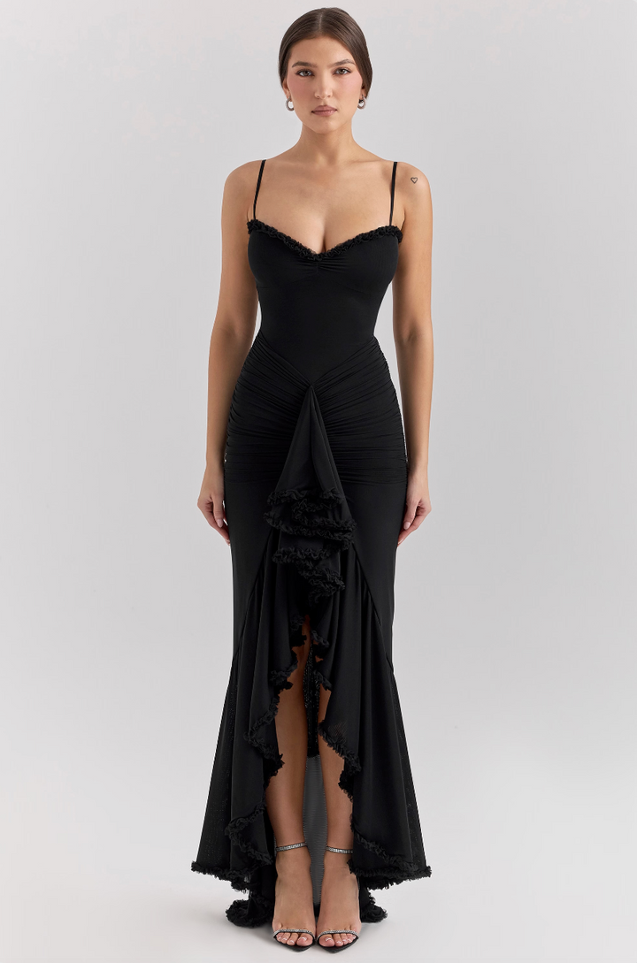 Lace Ruched Maxi Dress with Feminine Silhouette
