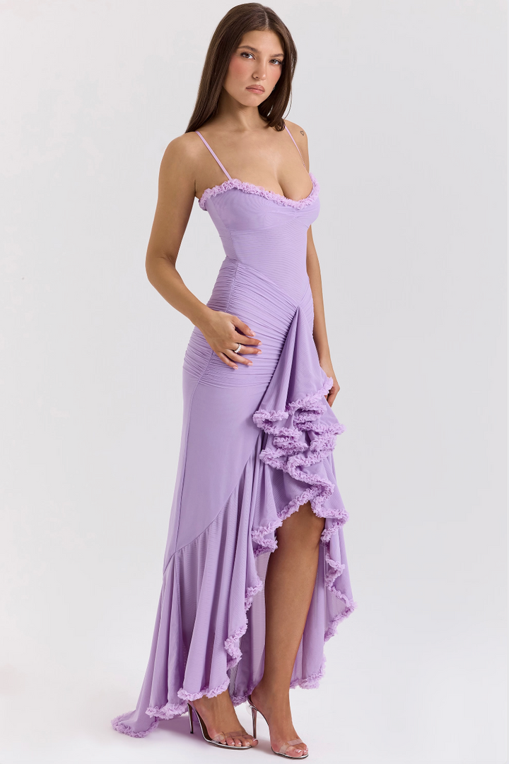 Lace Ruched Maxi Dress with Feminine Silhouette