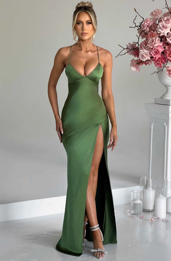 Women's Statement Sleek Maxi Dress with Thigh-High Slit and V-Neckline