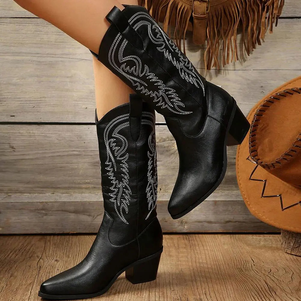 Women's Stylish Embroidered Mid-Calf Block Heel Cowboy Boots