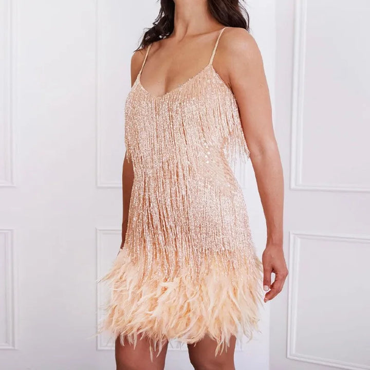 Women’s Captivating Elegance Cocktail Dress with Sequin and Fringe Feathers