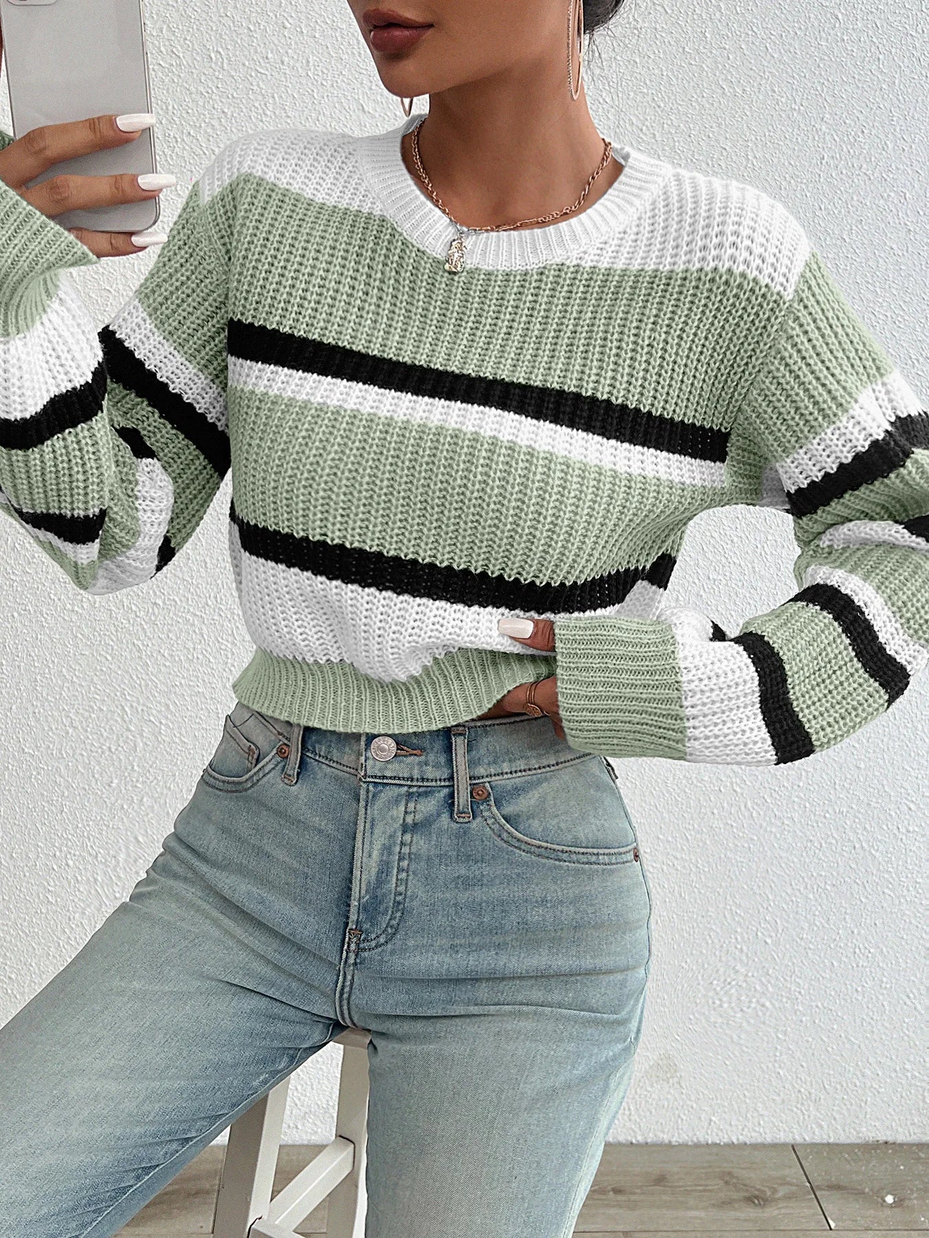 Women’s Drop Shoulder Color Match Knit Sweater