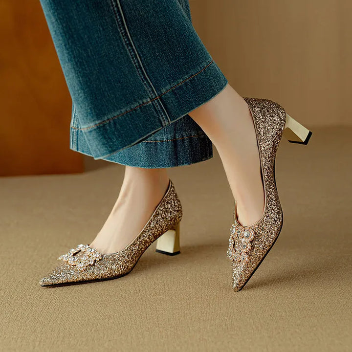 Glitter Crystal Buckle Heels