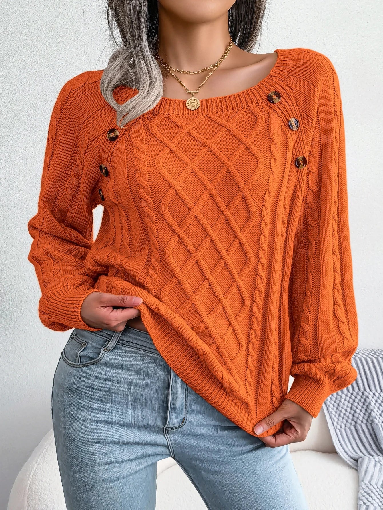 Women's Square Collar Button Detail Knit Pullover