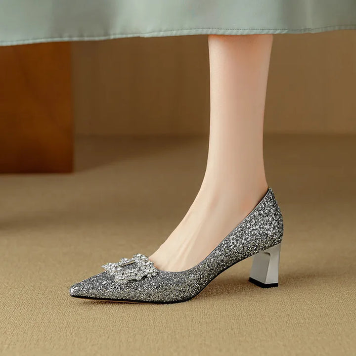 Glitter Crystal Buckle Heels