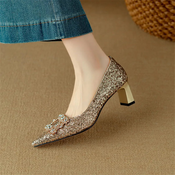 Glitter Crystal Buckle Heels