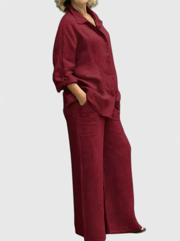 Button-Down Shirt and Wide-Leg Pants Set
