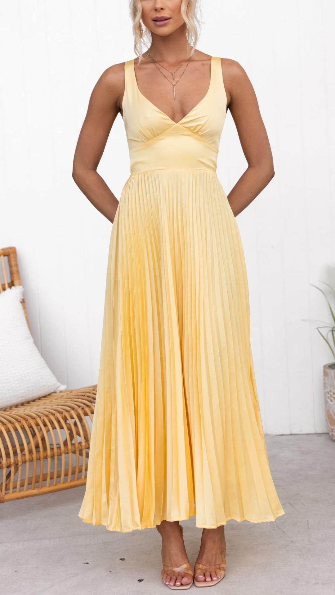 Pleated V-Neck Maxi Dress for Formal Weddings