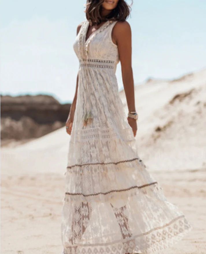 Retro Bohemian Beach Drawstring Maxi Dress for Women