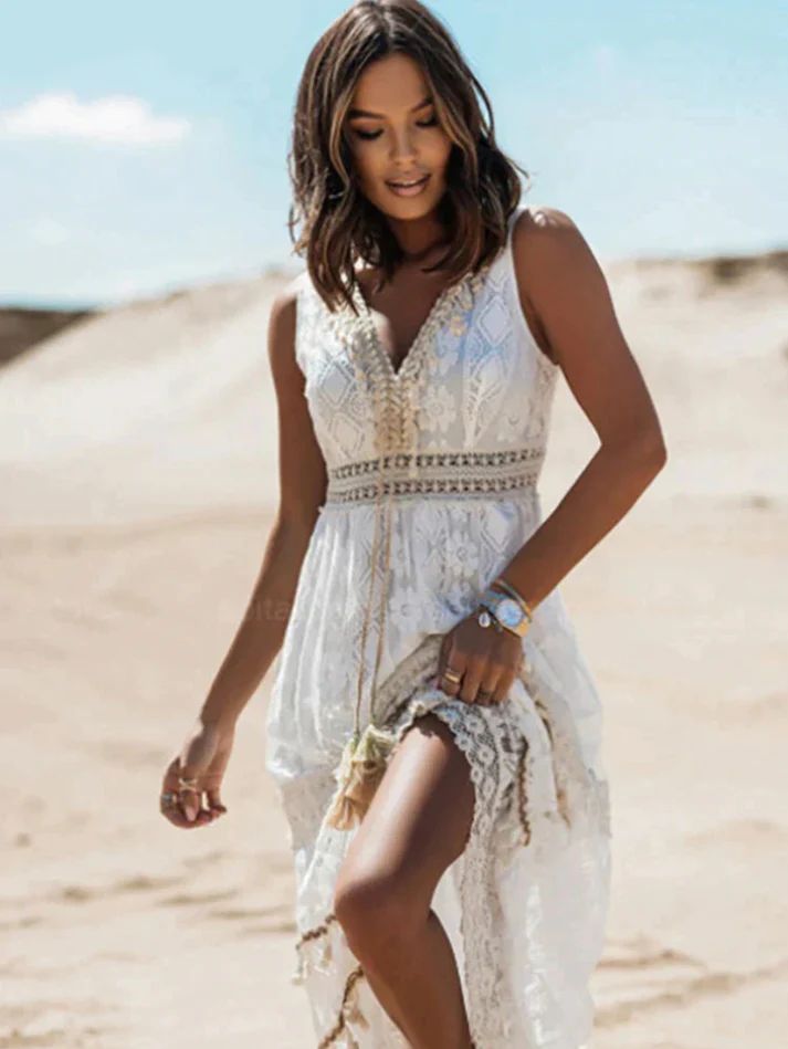 Retro Bohemian Beach Drawstring Maxi Dress for Women
