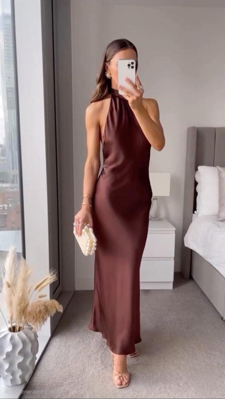Vestido midi elegante de terciopelo con cuello halter para fiesta nocturna al anochecer para mujer