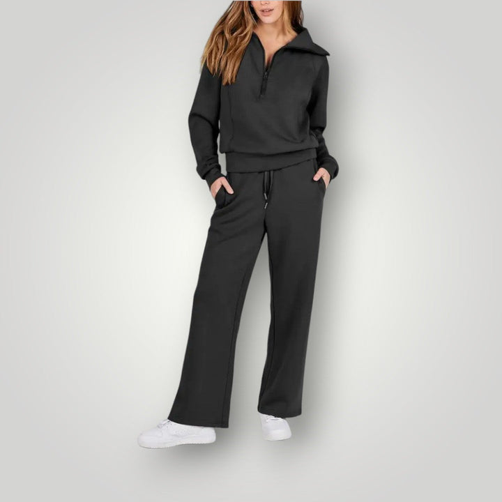 Conjunto de sudadera con media cremallera y pantalones de pierna ancha