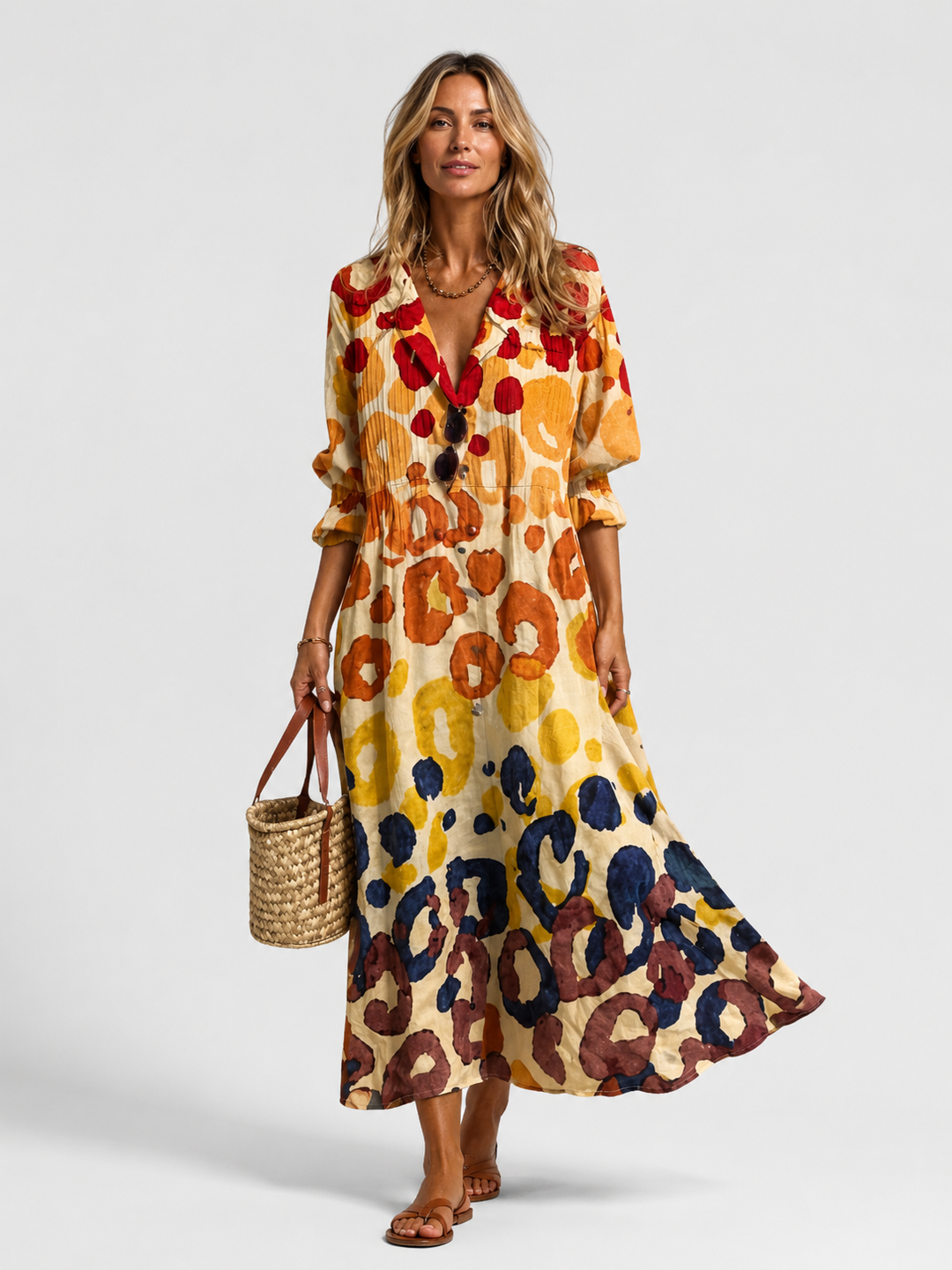 Abito lungo da donna multicolore con stampa fluida