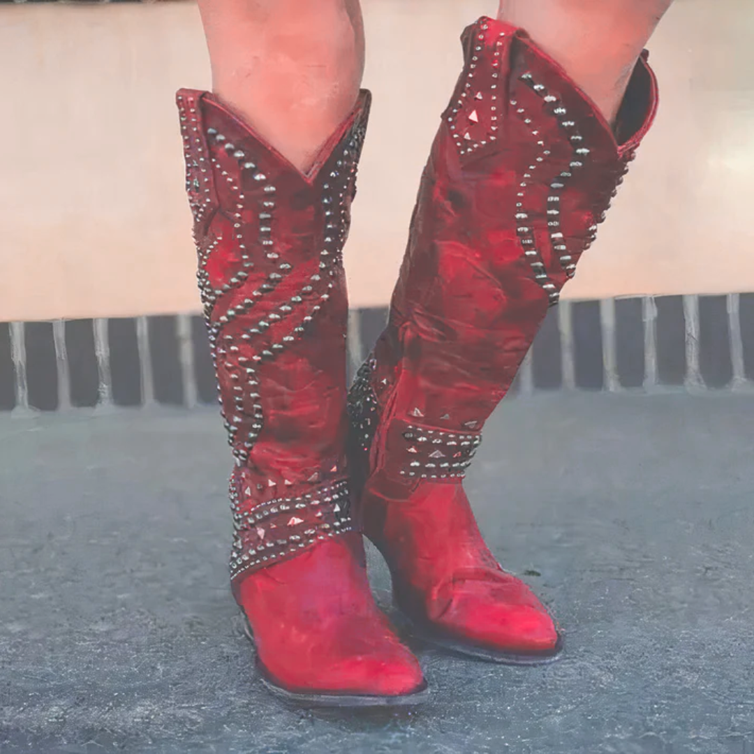 Women's Thick Edgy High Knee High Boots with Side Zipper and Rivet Detail
