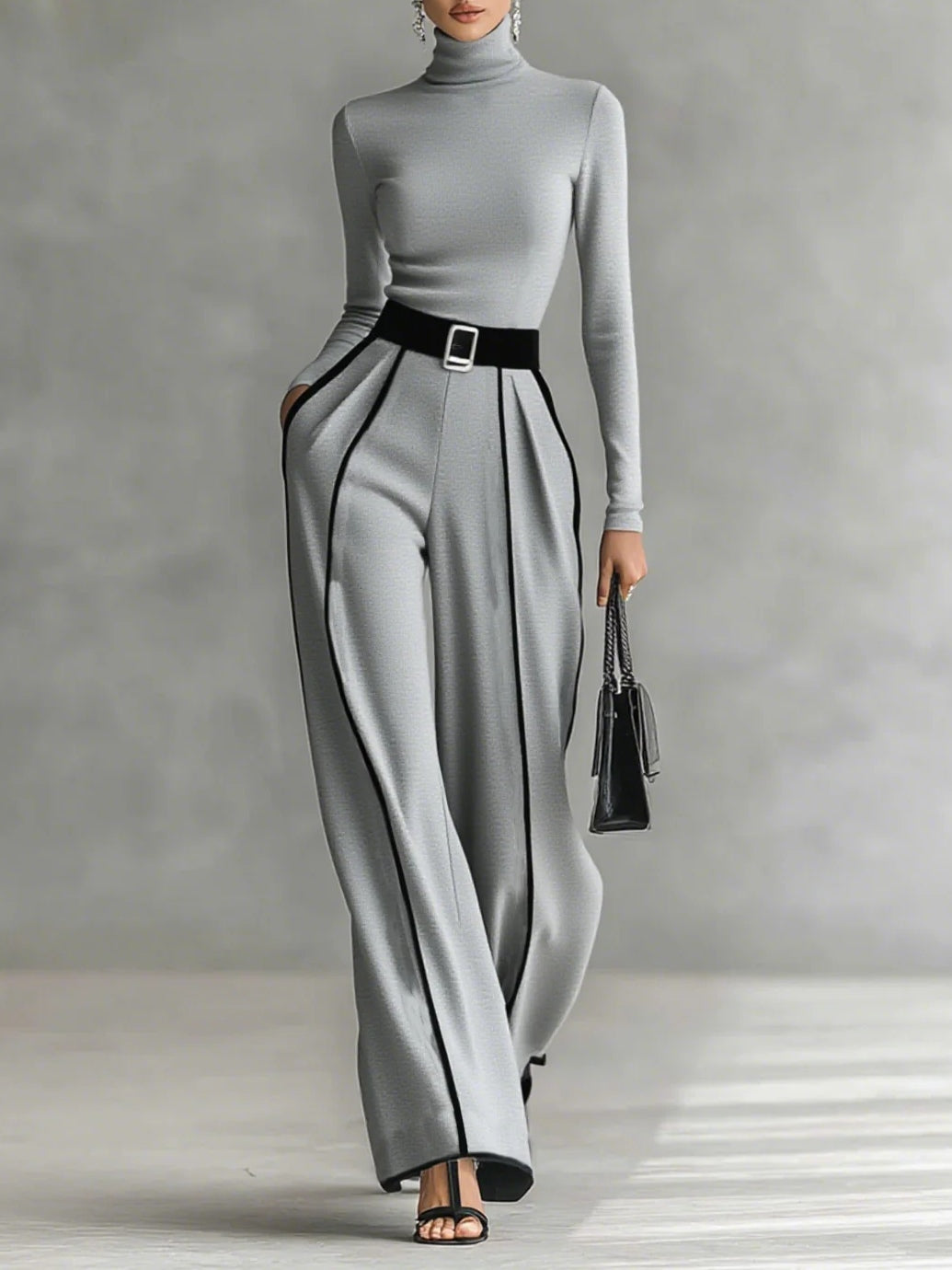 High-Neck Belted Pants Set