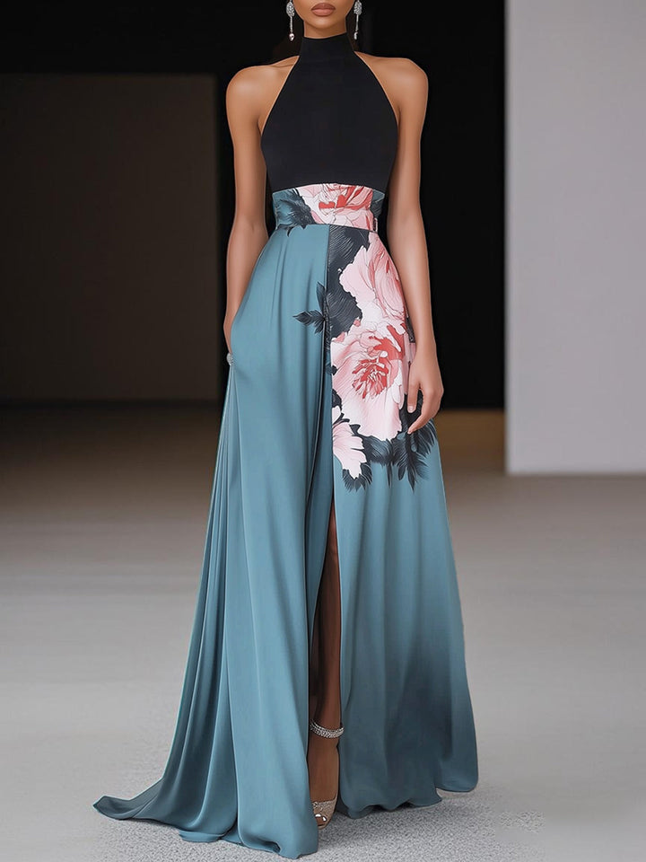 Vestido largo línea A con abertura y estampado floral