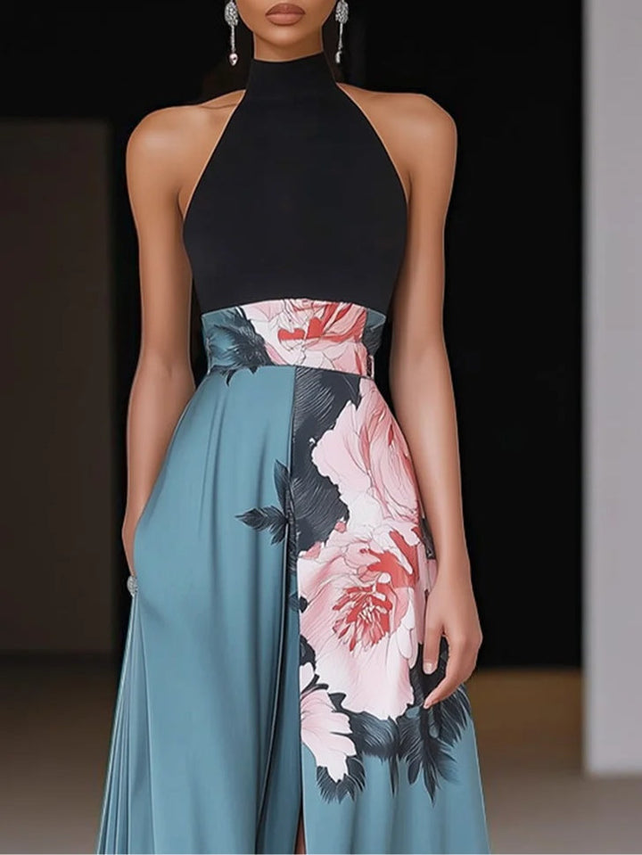 Vestido largo línea A con abertura y estampado floral
