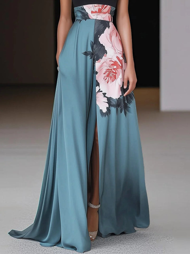 Vestido largo línea A con abertura y estampado floral