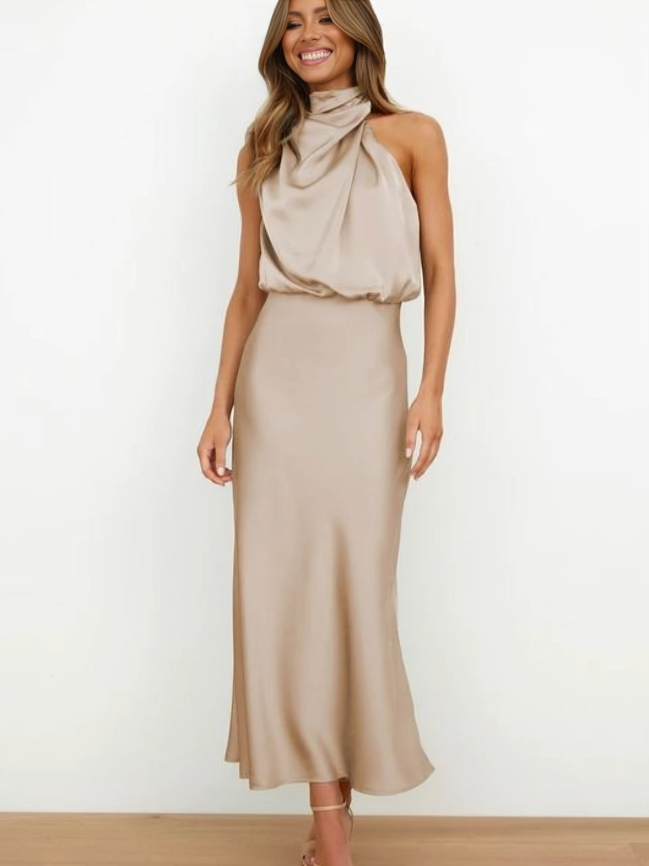 Vestido midi elegante de noche con cuello halter