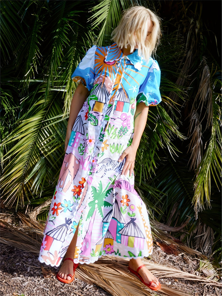 Abito estivo midi tropicale da spiaggia con scollo a rever per donna