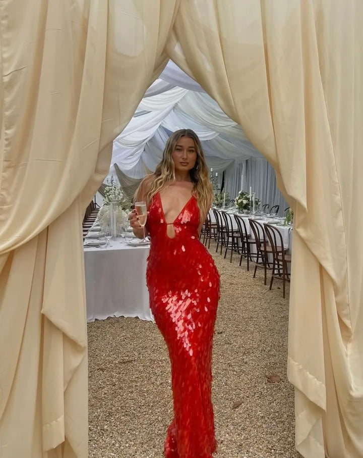 Vestido largo sin espalda con lentejuelas para celebraciones nocturnas
