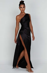 Satin One Shoulder Bodycon Maxi Dress for Wedding Guests