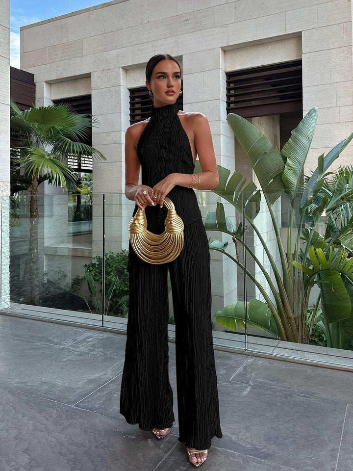 Halter Neck Pleated Top and Wide-Leg Pants Set
