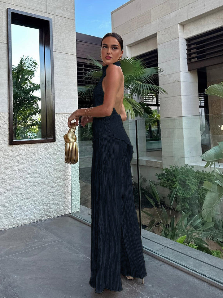 Halter Neck Pleated Top and Wide-Leg Pants Set