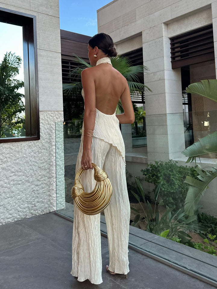 Halter Neck Pleated Top and Wide-Leg Pants Set