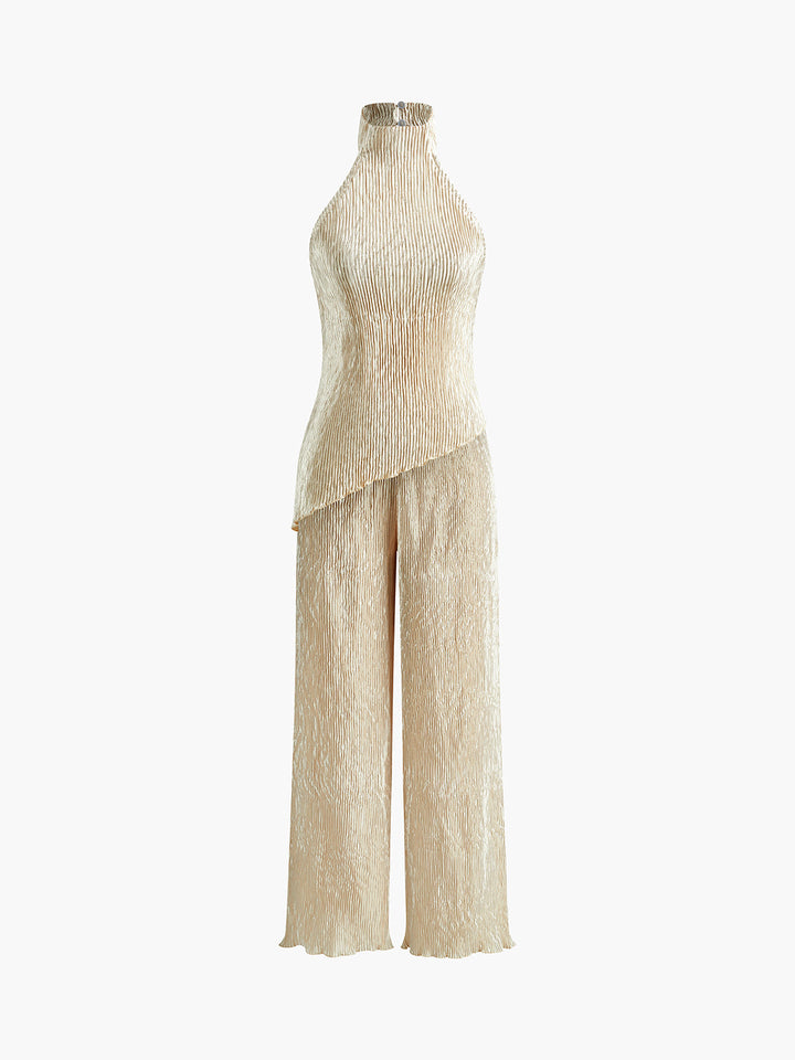 Halter Neck Pleated Top and Wide-Leg Pants Set
