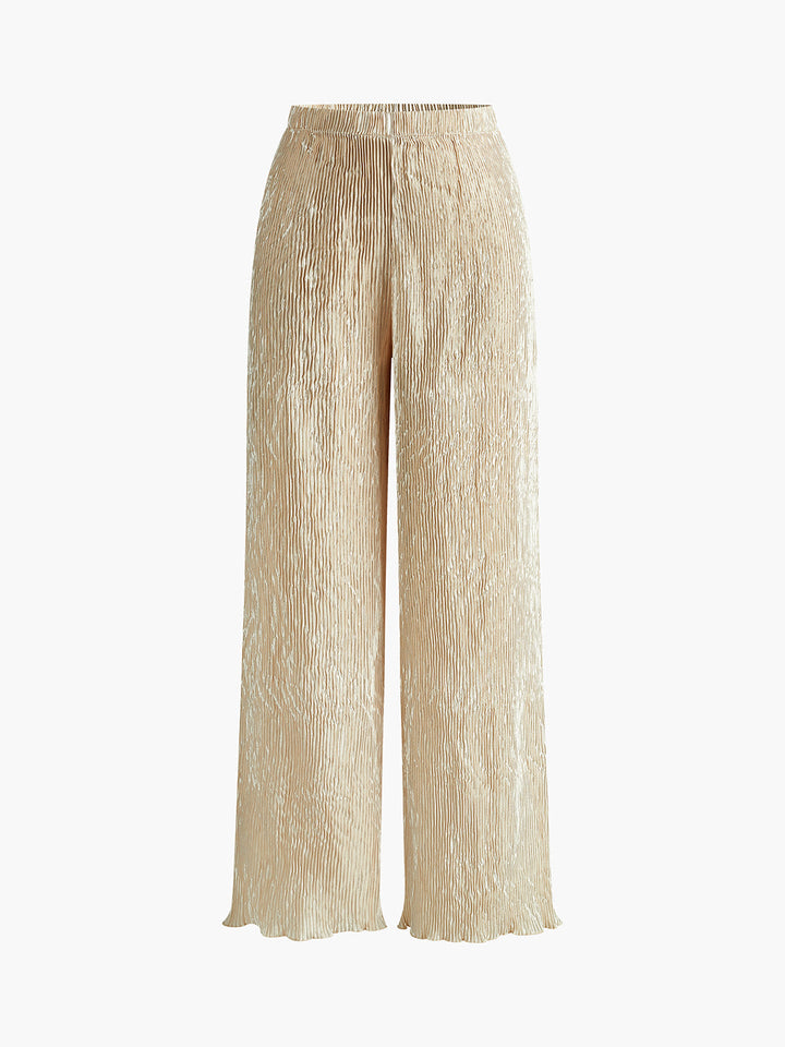 Halter Neck Pleated Top and Wide-Leg Pants Set