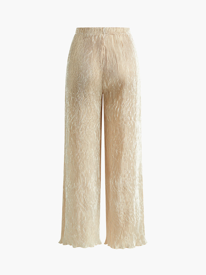 Halter Neck Pleated Top and Wide-Leg Pants Set